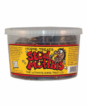 Stud Muffins horse treats in 20 oz resealable tub.
