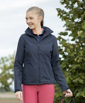 Model wearing HKM women's rain jacket in black.