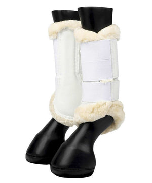 LeMieux fleece edged mesh brushing boots in white with natural coloured fleece.