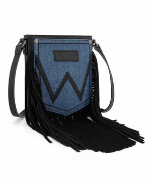 Wrangler Leather Fringe Jean Denim Pocket Crossbody Bag, Black.