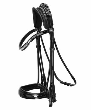 Schockemohle Kensington Black Patent Double Bridle with rolled cheeks.