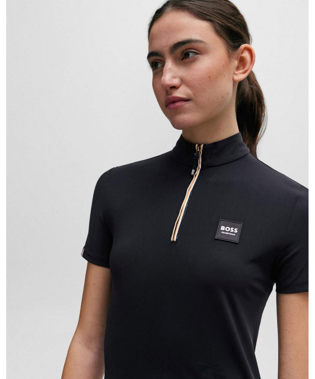 Boss Equestrian Mila Short Sleeve Top, zipper detail.