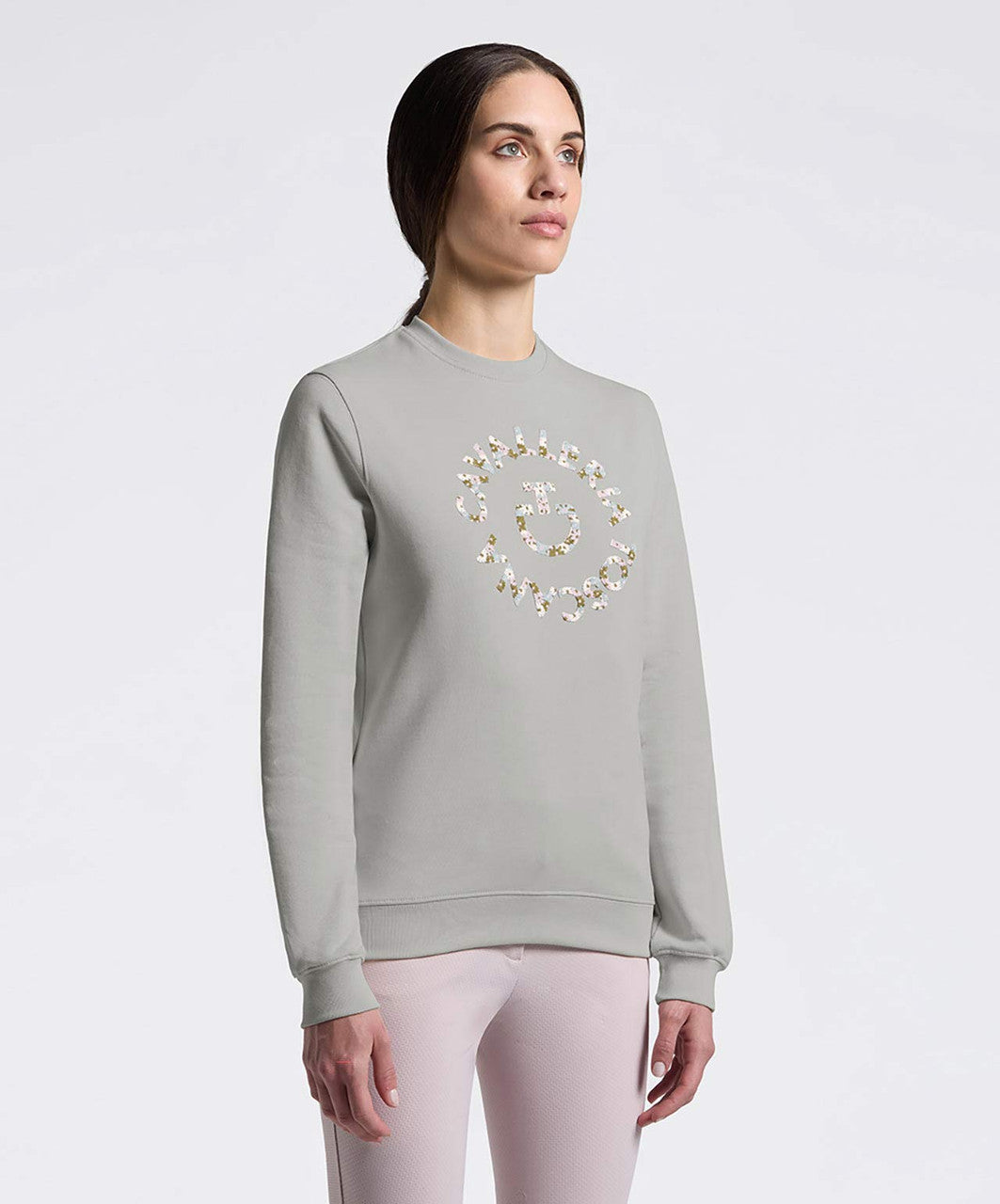 Cavalleria Toscana Ladies Cotton Crew Neck Sweat Shirt with Floral Embroidery.
