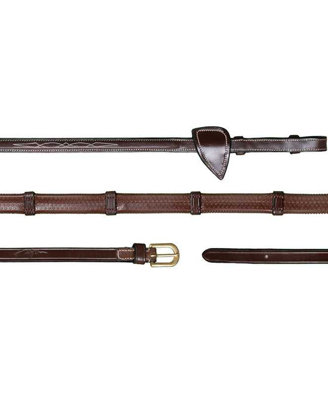 Dy'on 1/2" rubber reins with leather loops, stopper and brass buckles.
