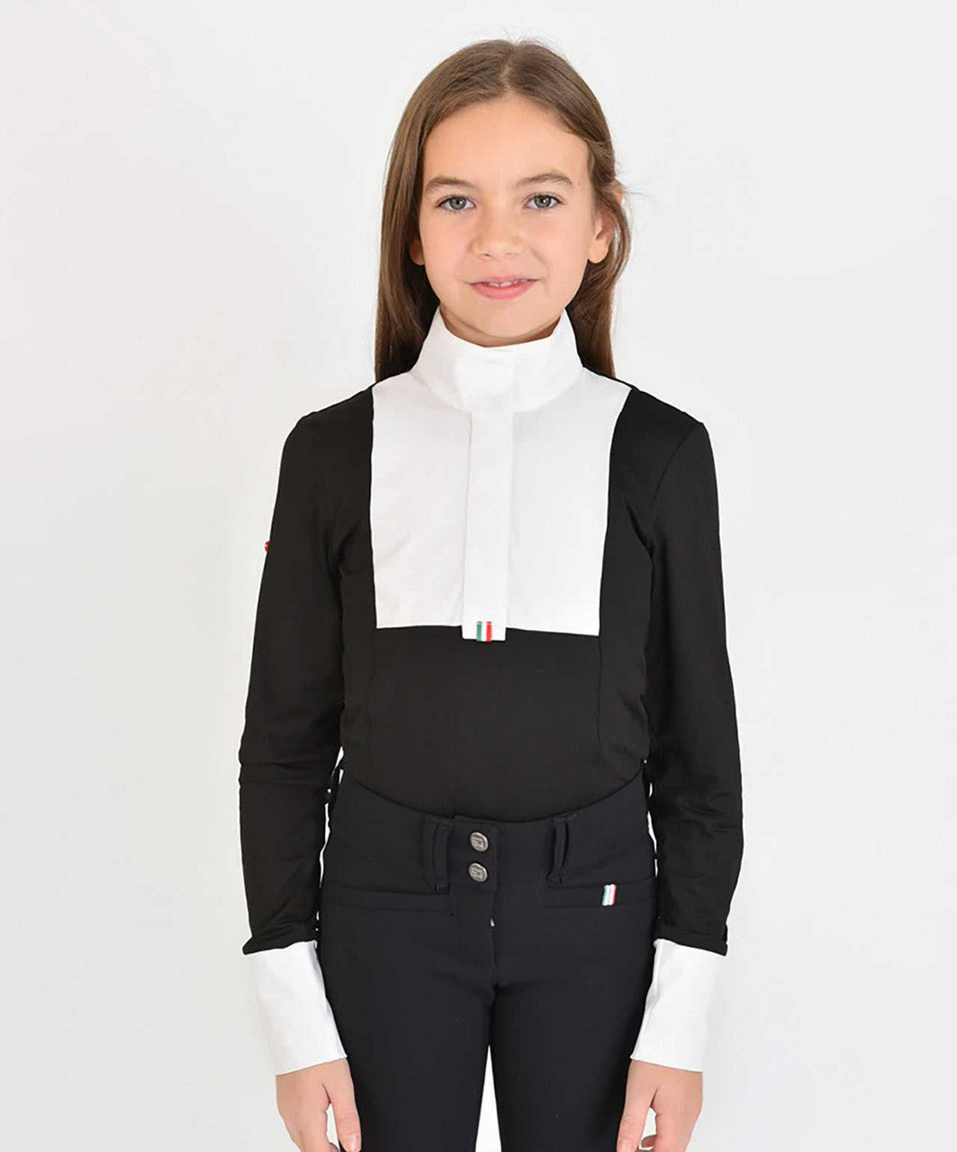 For Horses Ariella Girls Long Sleeve Show Shirt, Black, front.