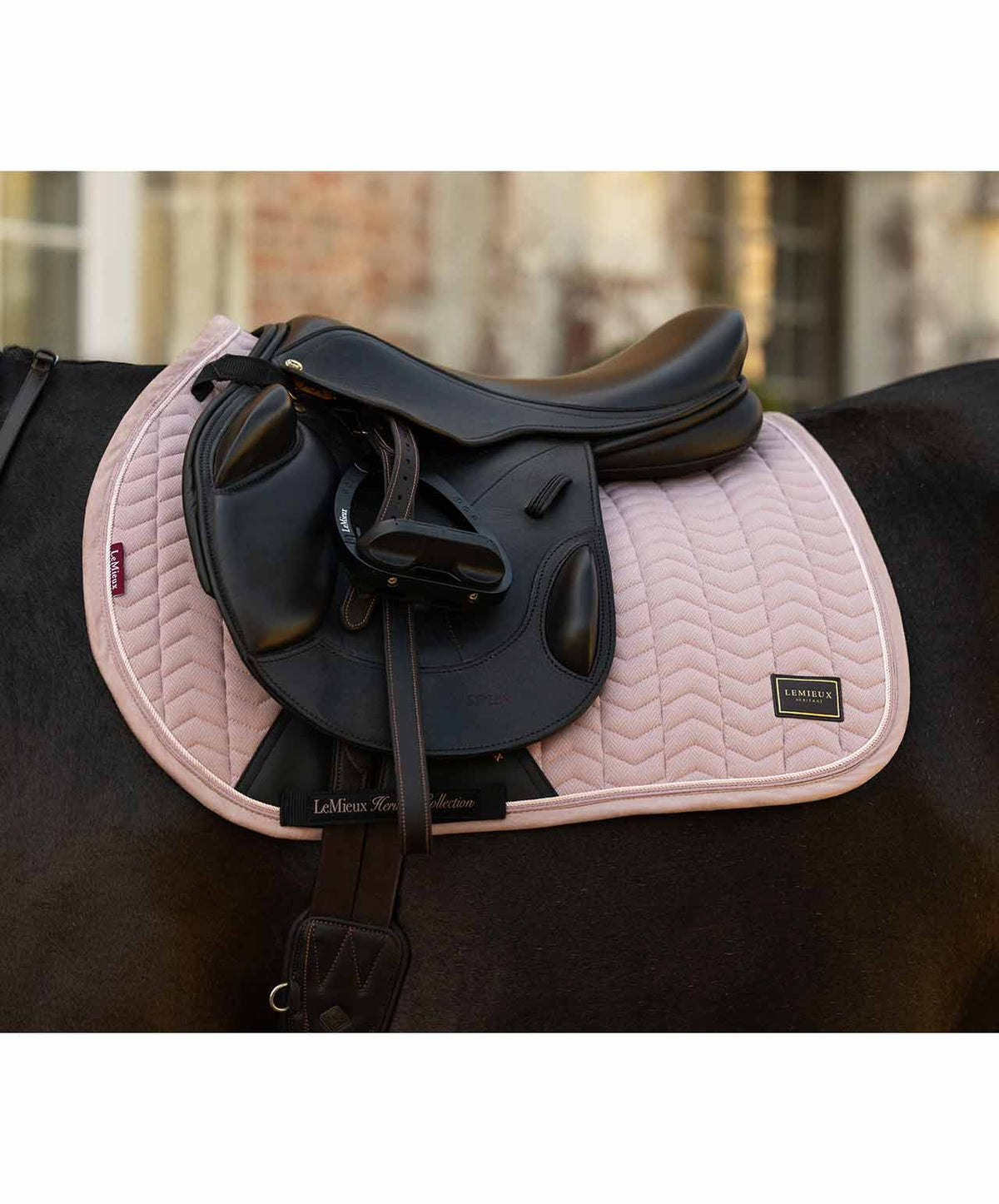 LeMieux Heritage Herringbone Jump Pad FW26  Wild Rose, side. 
