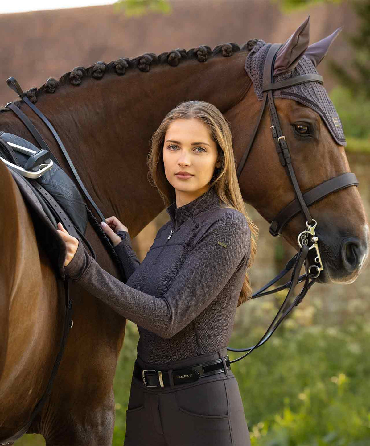 LeMieux Heritage Herringbone Base Layer, Cocoa, lifestyle. 