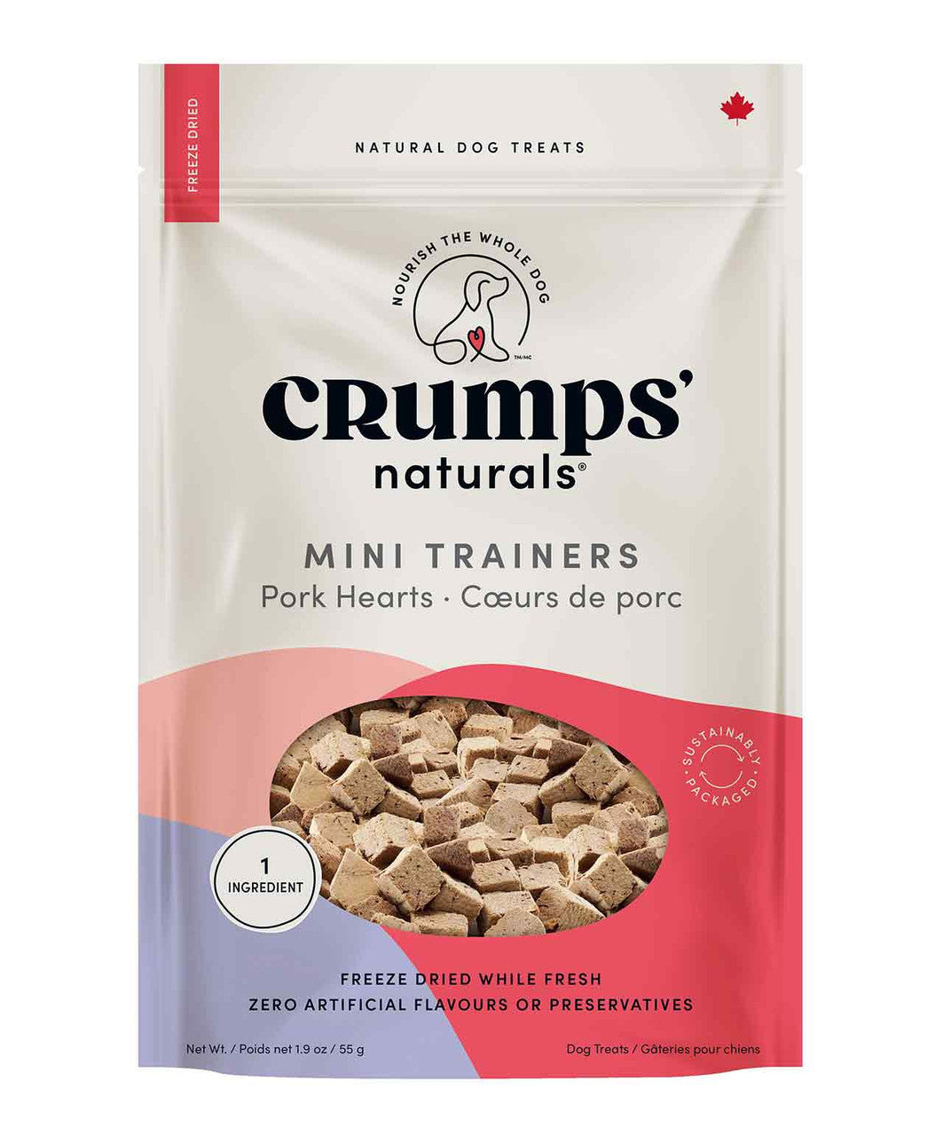 Crumps Mini Trainers Freeze Dried Pork Hearts Dog Treats 55g.