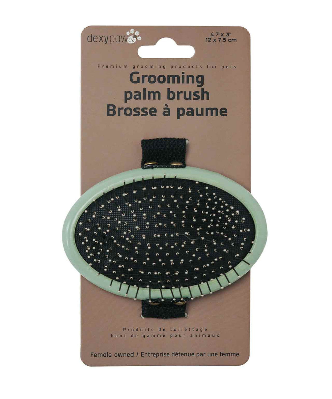 Dexypaws Grooming Palm Brush with Metal Pins for Pets, in packaging.