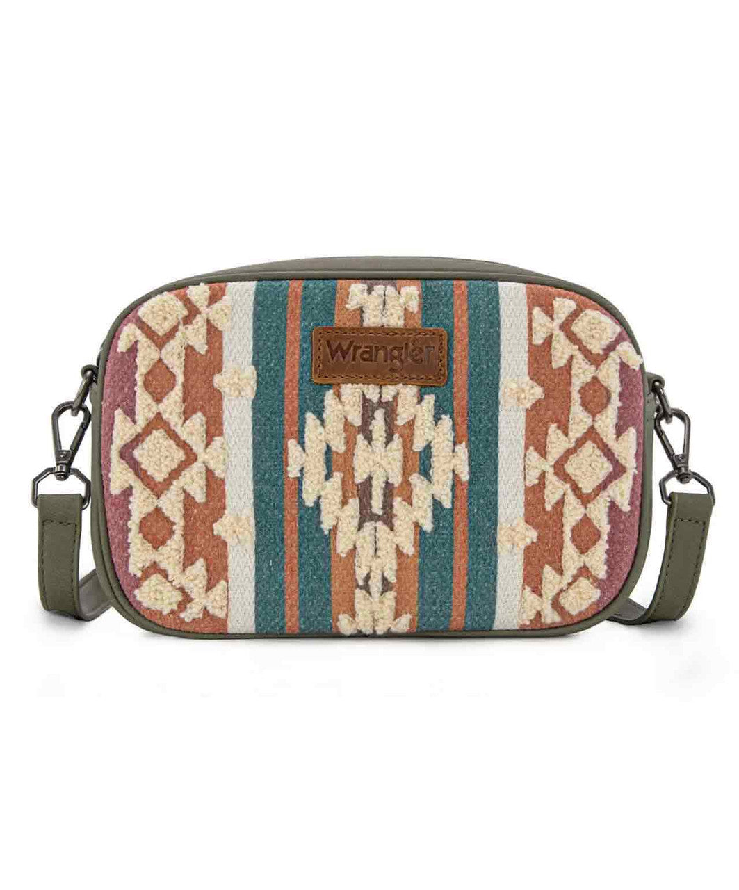 Wrangler Sherpa Aztec Canvas Crossbody, Green.