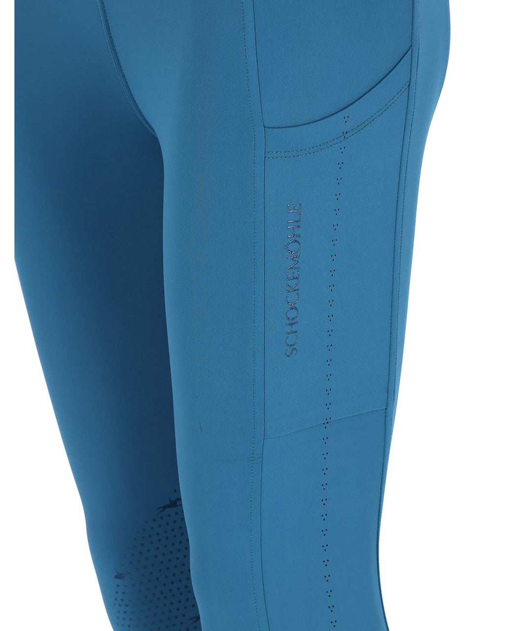 Schockemohle SPAir Sporty Ladies Knee Patch Riding Tights, Colonial Blue, detail.