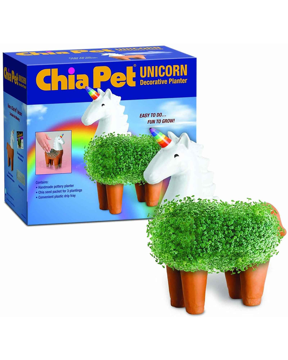 Chia Pet Unicorn, shown with box. 